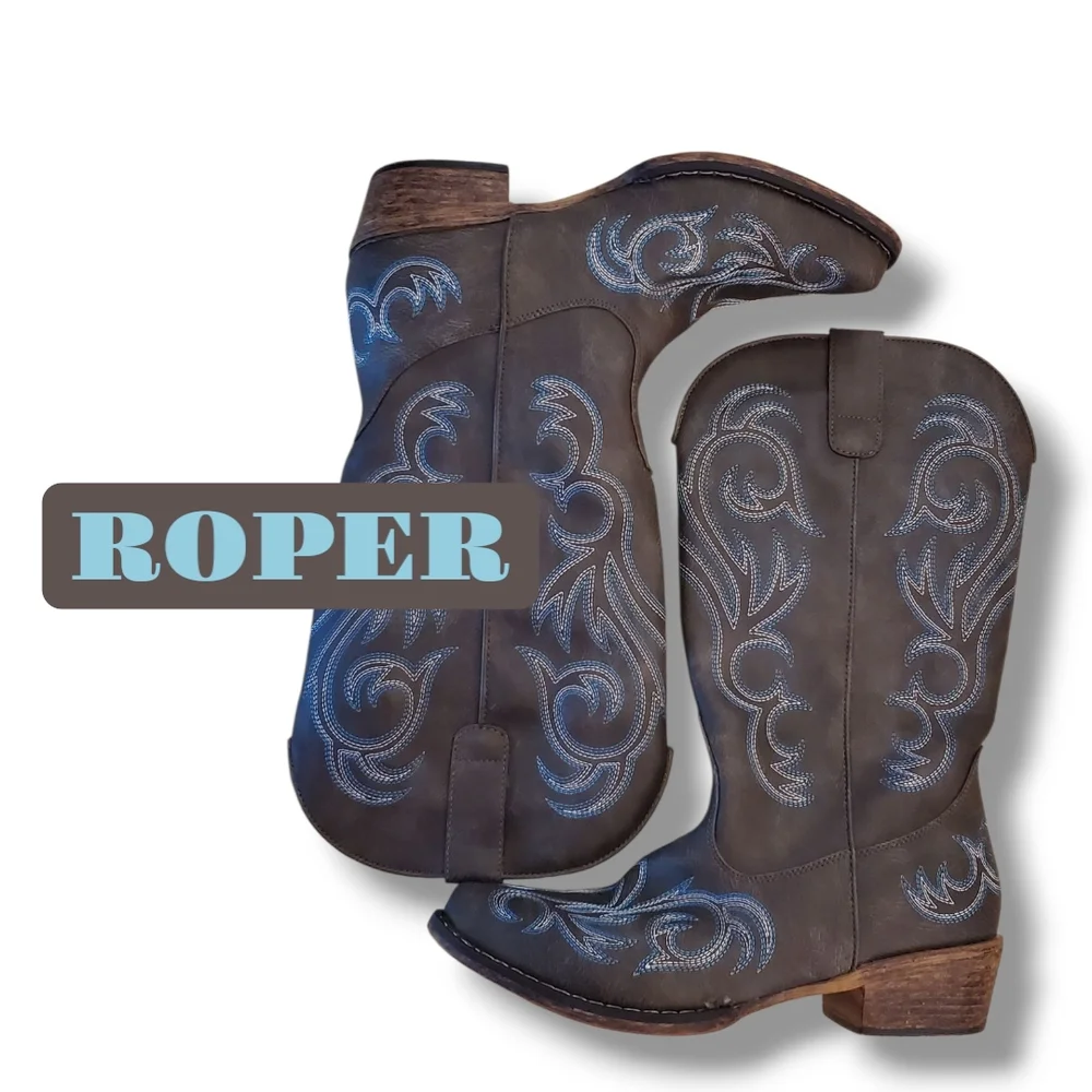 Roper Brown Cowgirl Western Boots with Blue Accents New Women's Size 8.5 - Picture 6 of 10